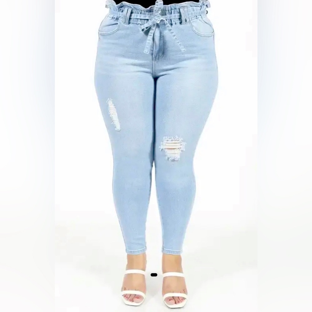 PLUS SIZE LIGHT BLUE RUFFLE WAISTBAND SKINNY JEANS